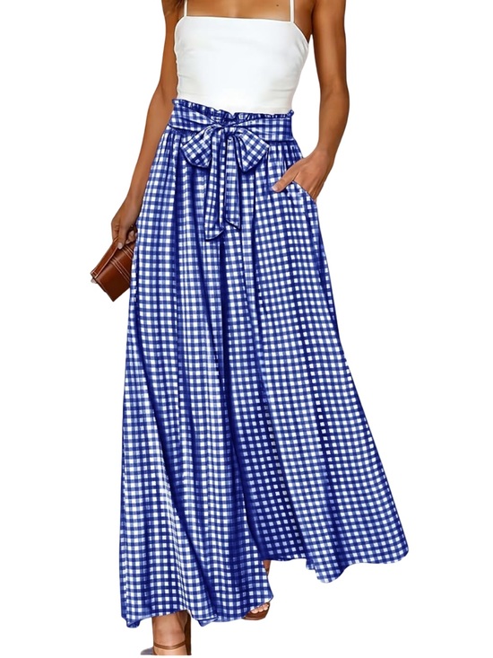Pants - 💙🤍💙 Blue and White Gingham Wide Leg Tie-Waist Culotte Capri Flowy Gaucho